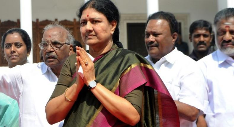 VK Sasikala greets supporters as she visited the All India Anna Dravida Munnetra Kazhagam (AIADMK) headquarters in Chennai on December 31