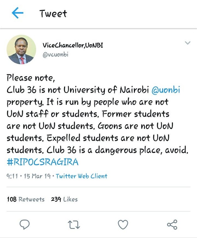 Anger over Vice Chancellor Prof Peter Mbithi's tweet on death of former UoN student leader OCS Ragira 