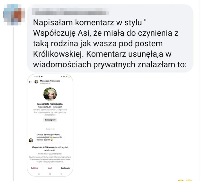 Screen prywatnej wiadomości Małgorzaty Ostrowskiej-Królikowskiej wysłany do internautki.