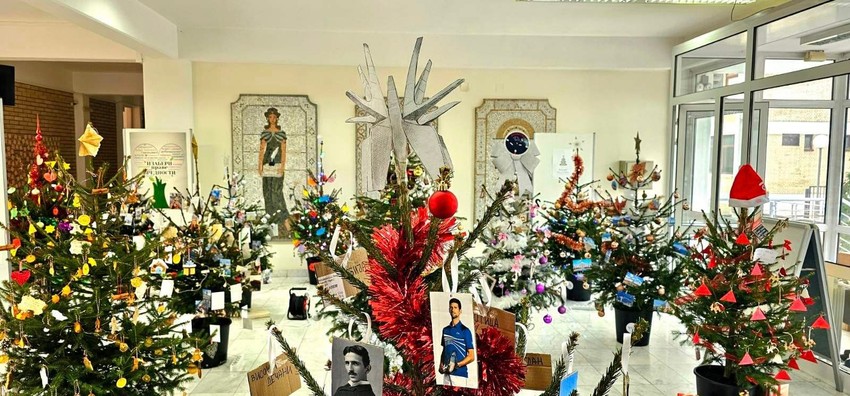 Jedna od jelki okićena je bojama Srbije sa koje se, pored svega što predstavlja srpski brend, smeše Nikola Tesla i Novak Đoković