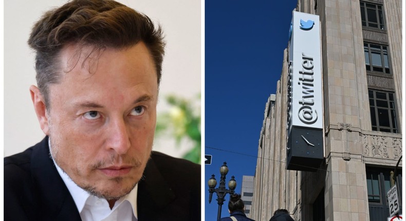 Elon Musk and Twitter's San Francisco headquarters.LUDOVIC MARIN/POOL/AFP via Getty Images; Tayfun Coskun/Anadolu Agency via Getty Images