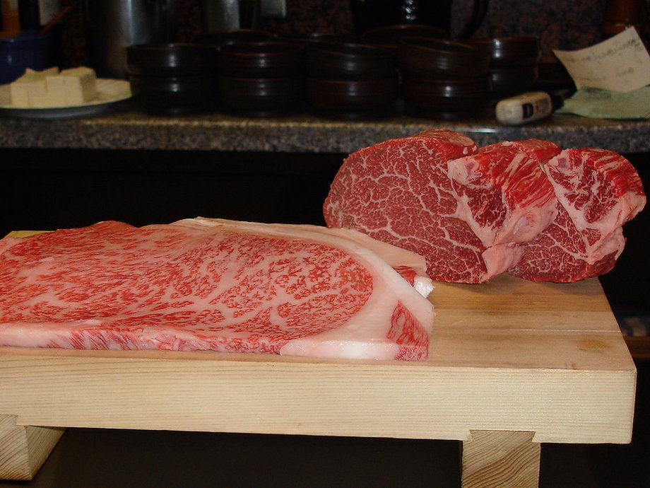 Raw Wagyu is colored pink, due to the integrated meat and fat.