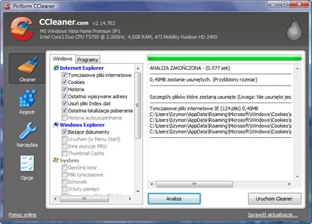 Za pomocą programu CCleaner wyczyścisz system z pozostałości po surfowaniu w sieci. (Fot. CafePC.pl)