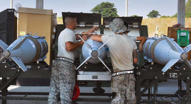 US airmen work on GBU-31 Joint Direct Attack Munitions at Incirlik Air Base in Turkey in June 2017.US Air Force/Airman 1st Class Kristan Campbell