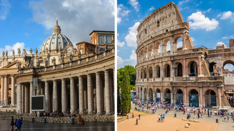 Po lewej stronie Watykan z kolumnadą Berniniego, po prawej Koloseum