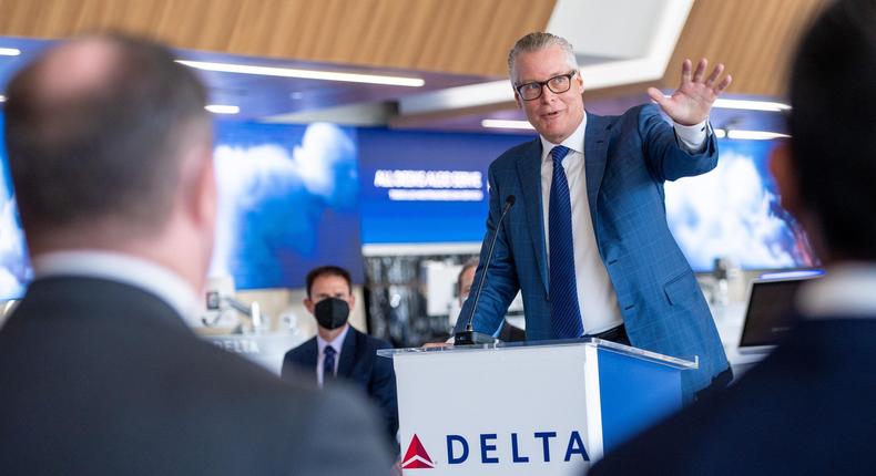 Delta CEO Ed Bastian speaks at LAX.