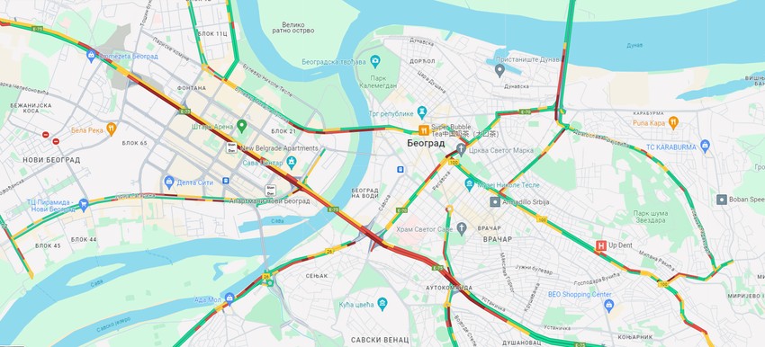Gužve u Beogradu 14. februar: Gde je crveno i bordo tu se mili