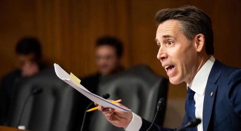 Republican Sen. Josh Hawley of Missouri at a hearing on Capitol Hill on February 28, 2023.Bill Clark/CQ-Roll Call via Getty Images