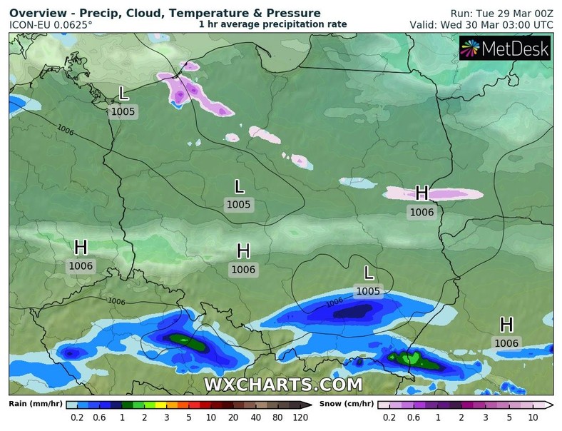 W nocy nadal w wielu miejscach może padać, zarówno deszcz, jak i śnieg