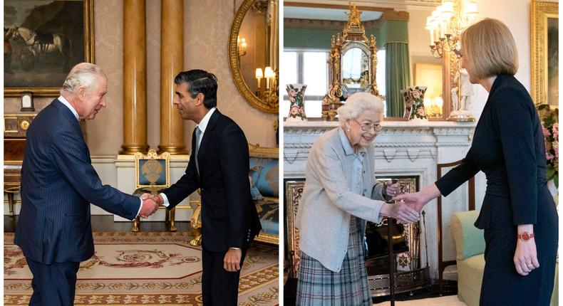 King Charles appoints Rishi Sunak Prime Minister on October 25, left, and Queen Elizabeth appoints Liz Truss on September 6, right.AP/Pool, Jane Barlow/Getty Images