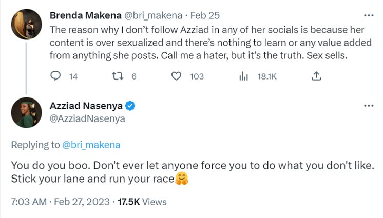 Twitter conversation between Azziad and Brenda Makena who accused the influencer of posting  inappropriate content