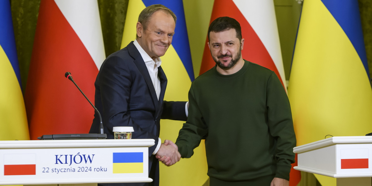 Premier Polski Donald Tusk i prezydent Ukrainy Wołodymyr Zełenski podczas wspólnej konferencji prasowej w Kijowie, Ukraina, 22.01.2022 r.  