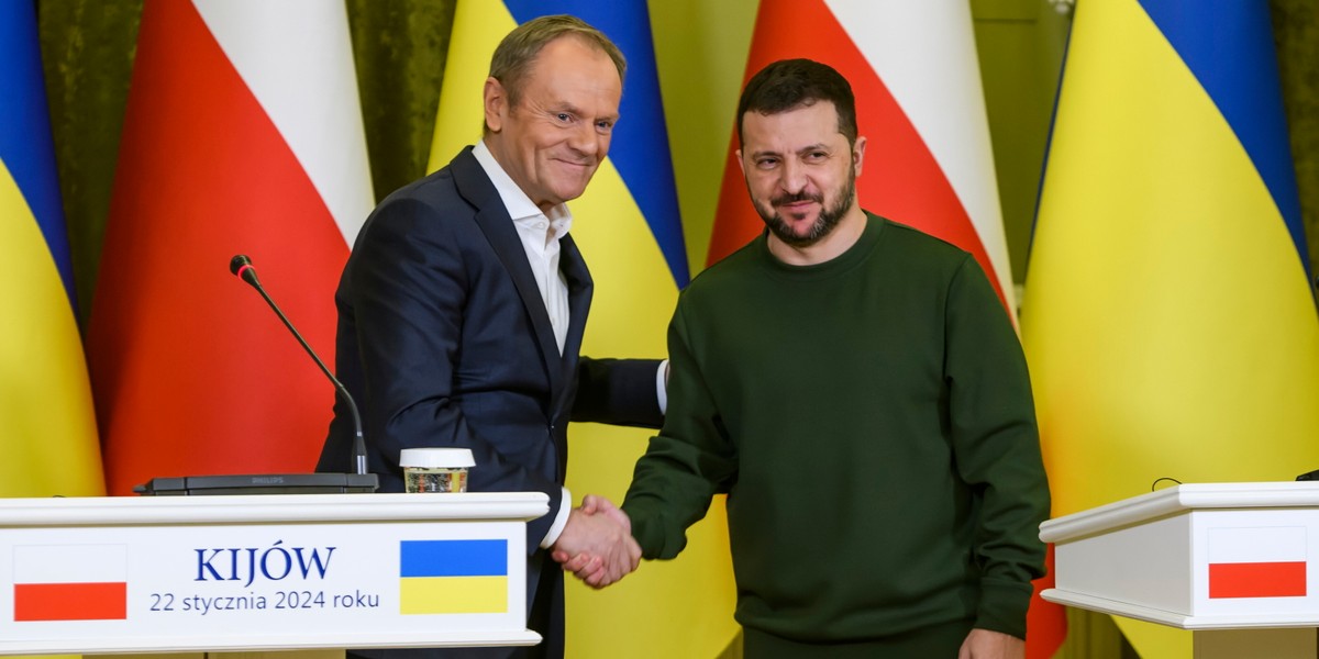 Premier Polski Donald Tusk i prezydent Ukrainy Wołodymyr Zełenski podczas wspólnej konferencji prasowej w Kijowie, Ukraina, 22.01.2022 r.  