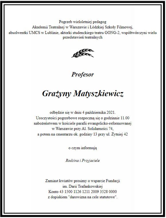 Nekrolog Grażyny Matyszkiewicz