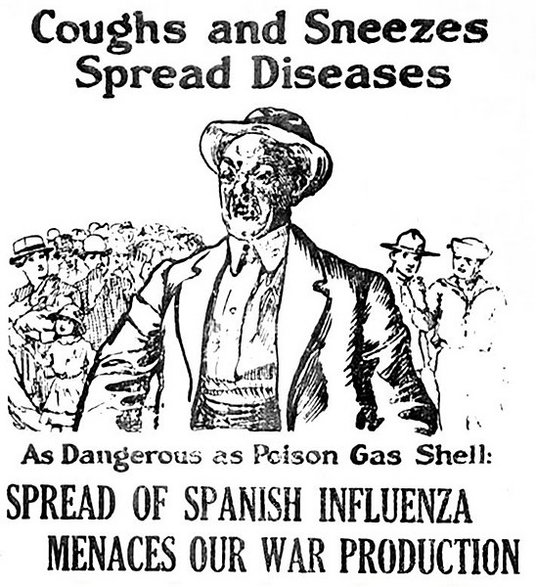 Amerykańska ulotka z hasłem „Cough and sneezes spread diseases” (Kaszel i kichanie rozprzestrzeniają choroby – tłum. JJ)