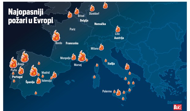 Mapa, šumski požari u Evropi
