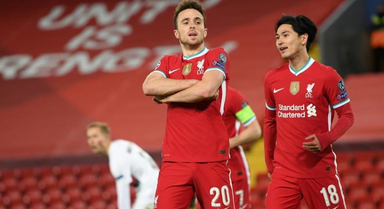 Liverpool forward Diogo Jota celebrates after his goal against Midtjylland at Anfield