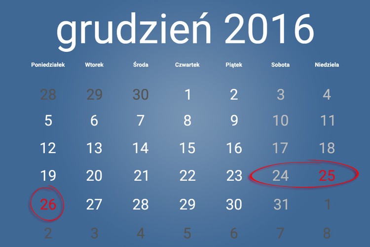 Święta Bożego Narodzenia w 2016 roku wypadają w niedzielę i poniedziałek.