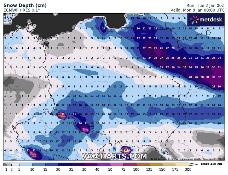 Prognozowana grubość pokrywy śnieżnej w Polsce w nocy z niedzieli na poniedziałek