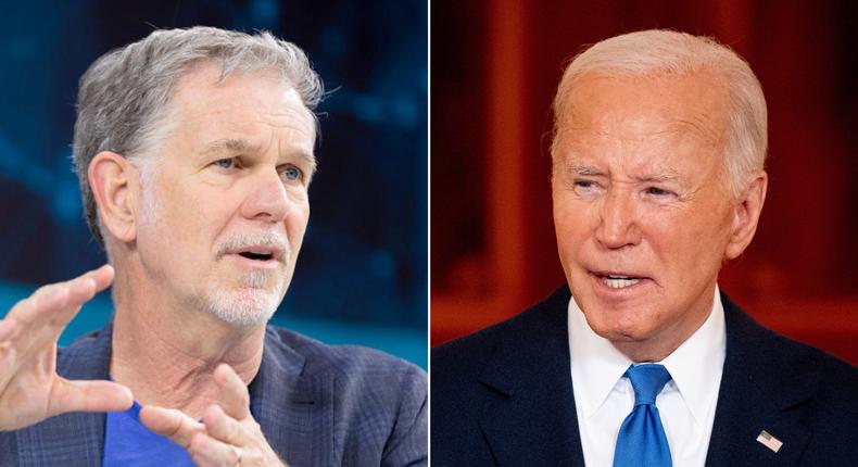 Netflix co-founder Reed Hastings is one of the first major donors of the Democratic Party to public call for President Joe Biden to step down from his campaign.Mike Cohen/Getty Images for The New York Times and Andrew Harnik/Getty Images