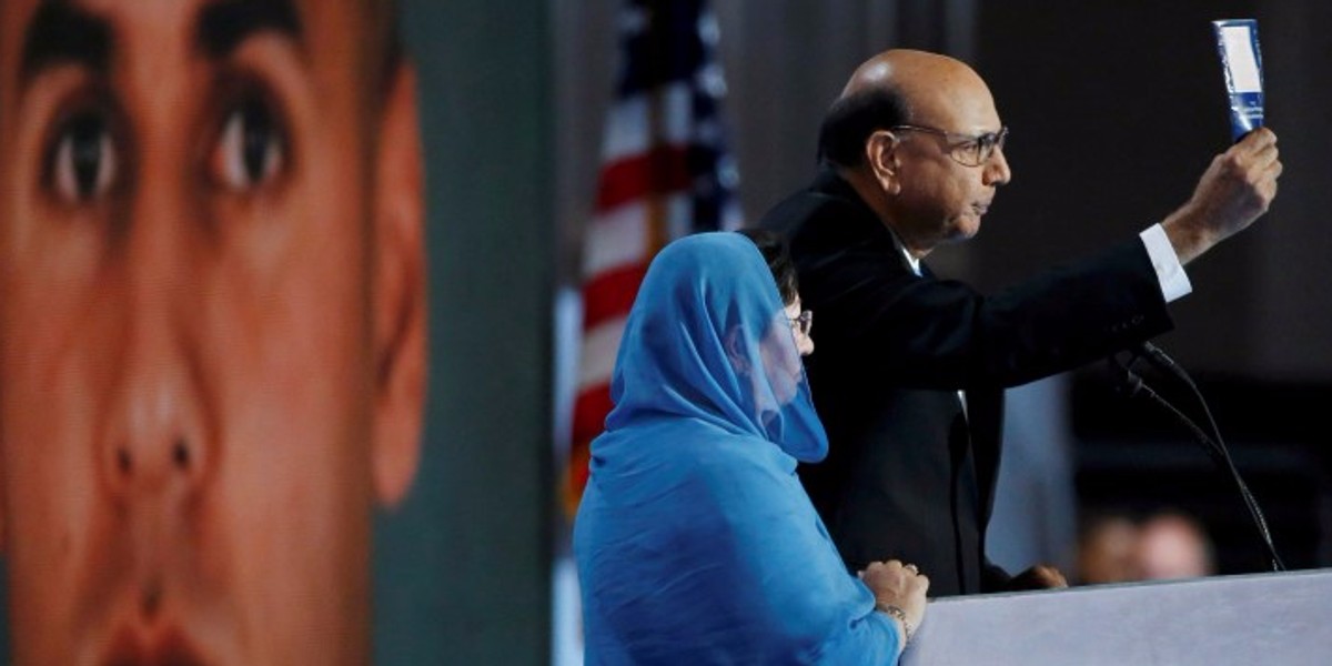 Khizr Khan challenges Republican presidential nominee Donald Trump to read his copy of the U.S. Constitution at the Democratic National Convention in Philadelphia, Pennsylvania.