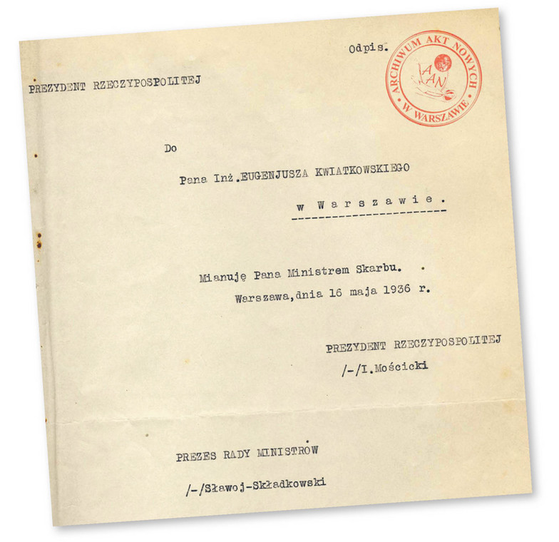 Akt mianowania Eugeniusza Kwiatkowskiego na ministra skarbu, maj 1936 r.