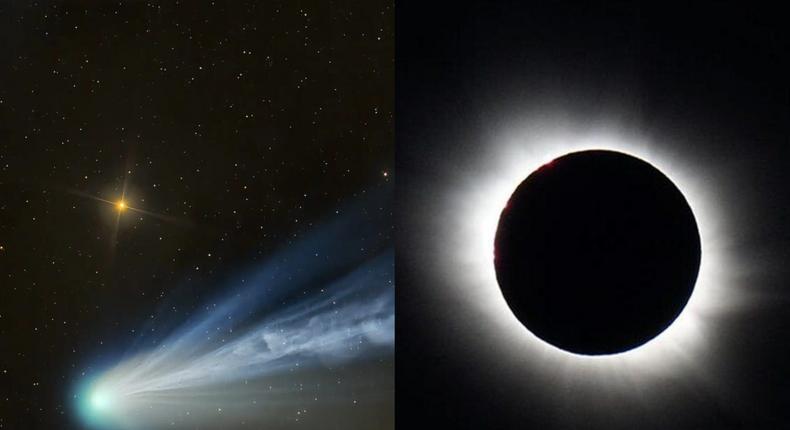 The Devil comet (left) shines bright green as it streaks through the sky. Though it could have been during totality (right) I wasn't able to see or photograph it.Dan Bartlett, Damien Deltenre, Wikimedia Commons