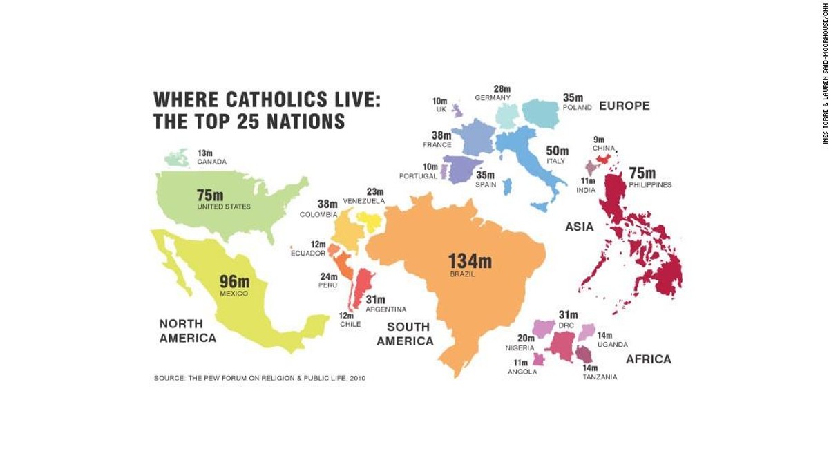 W jakich krajach żyje najwięcej katolików?  mapa infografika