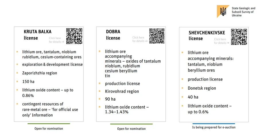 Opis złóż litu, w przypadku których Ukraina w 2021 r. wystawiła na sprzedaż licencje wydobywcze.
