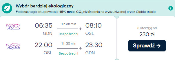 Trasa Gdańsk — Oslo — Gdańsk. Wylot w piątek, powrót w poniedziałek