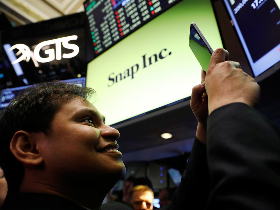 Khan at the New York Stock Exchange for Snap's first trading day.