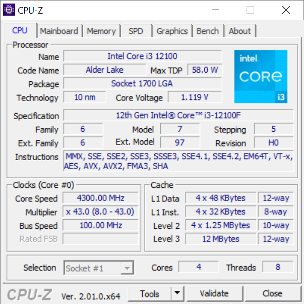 Intel Core i3-12100F – CPU-Z – specyfikacja procesora