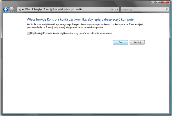 Tutaj wyłączamy funkcję "Użyj funkcji Kontrola konta użytkownika, aby pomóc w ochronie komputera" i uruchamiamy ponownie komputer.