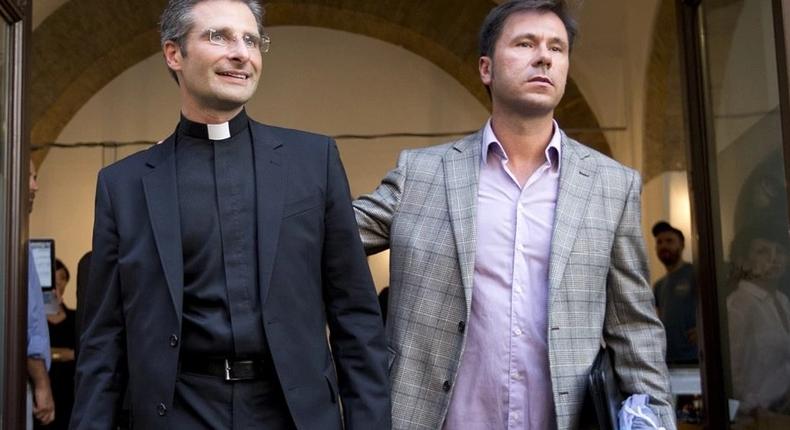 Krzysztof Charamsa (left) and his boyfriend Eduard. Last month the former senior Vatican aide announced at a press conference that he was gay and in love. Photograph: Alessandra Tarantino/AP