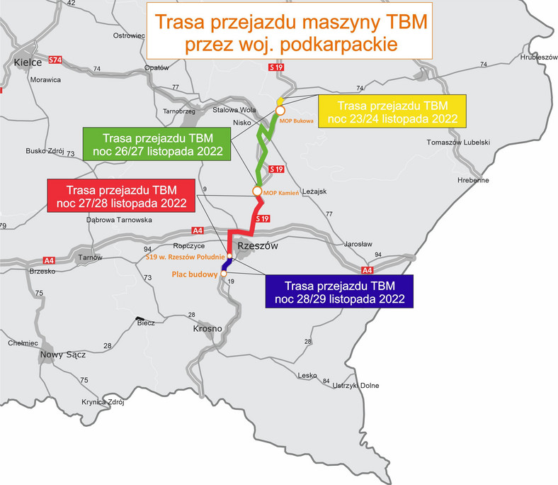 Mapa trasy przejazdu TBM na Podkarpacie