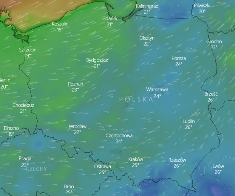 Kierunki wiatry prognozowane na wtorek 7 lipca