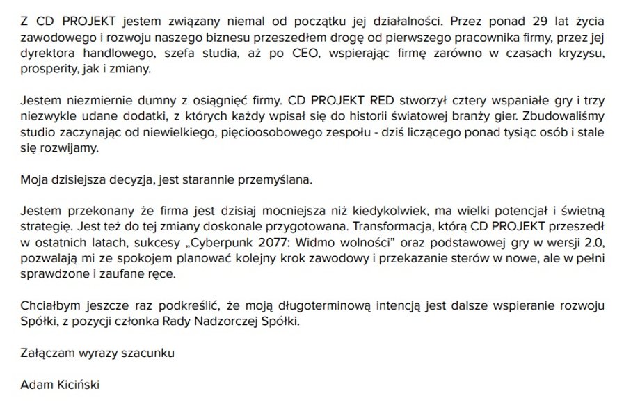 List prezesa Kicińskiego w sprawie rezygnacji z zarządu