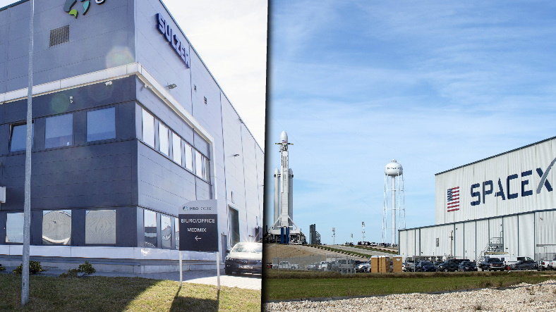 Na zdjęciu: siedziba firmy Medmix w Nowe Wsi Wrocławskiej i siedziba SpaceX Elona Muska. Firma amerykańskiego miliardera ma kłopot przez sankcje nałożone przez MSWiA