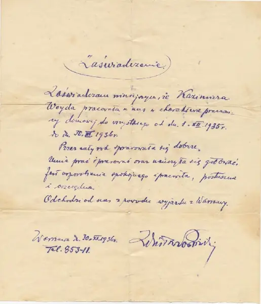 Zaświadczenie o pracy wydane dla służącej Kazimiery Woydy, 1936-1939 / Muzeum Warszawy