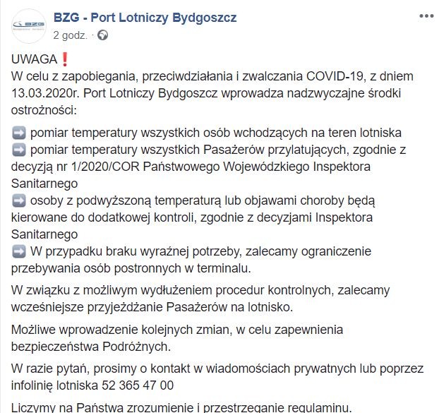 Lotnisko w Bydgoszczy - komunikat