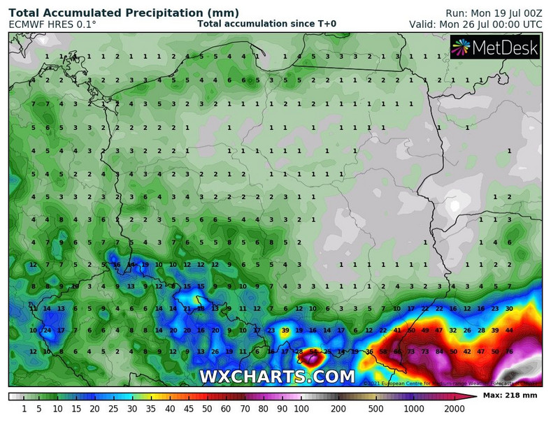 Prognozowana suma opadów w Polsce w tym tygodniu (19-25.07)