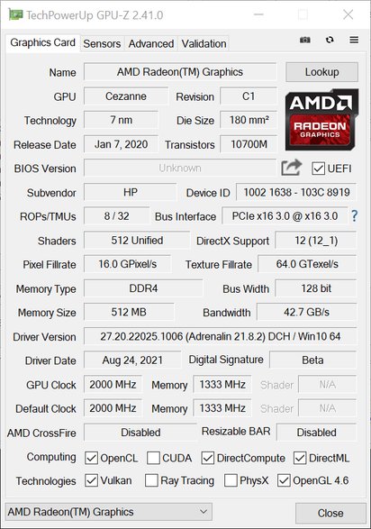 HP Pavilion Aero 13 – GPU-Z – specyfikacja Radeon Graphics (8 EU)