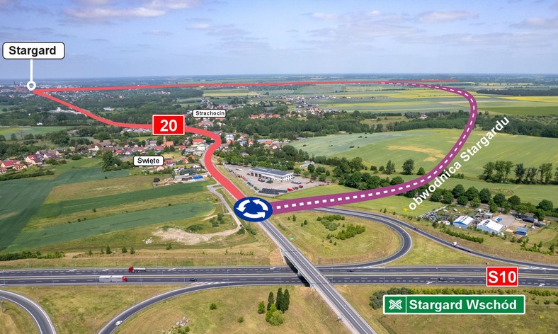 Wizualizacja z przebiegiem obw. Stargardu na DK20