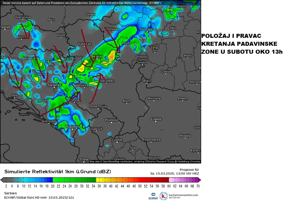 Kretanje padavina u subotu oko 13 sati