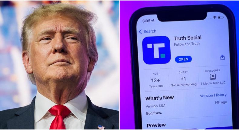 Donald Trump (left) and a phone displaying his social media app, Truth Social.Brandon Bell/Christoph Dernbach/Getty Images