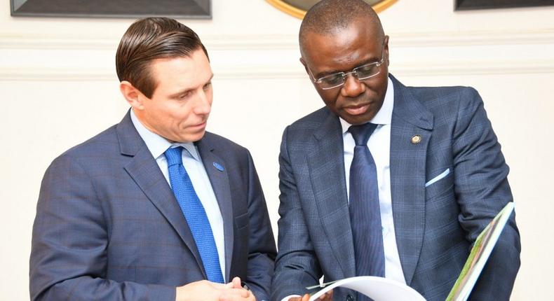 L-R: Mayor of Brampton, Canada, Mr Patrick Brown with Lagos State Governor, Mr Babajide Sanwo-Olu during a courtesy visit to the Governor at Lagos House, Alausa, Ikeja, on Tuesday, Feb. 11, 2020.