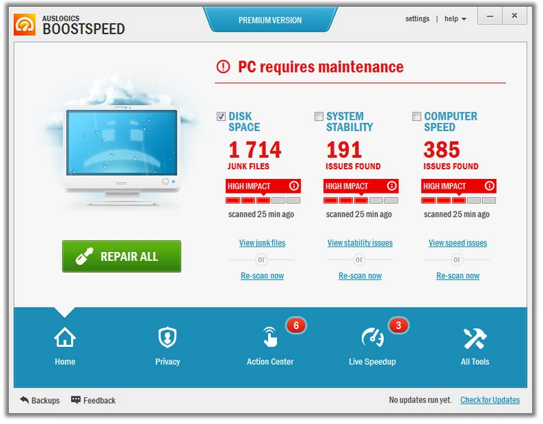 Główne okno programu do optymalizacji Windows - Auslogics BoostSpeed Premium