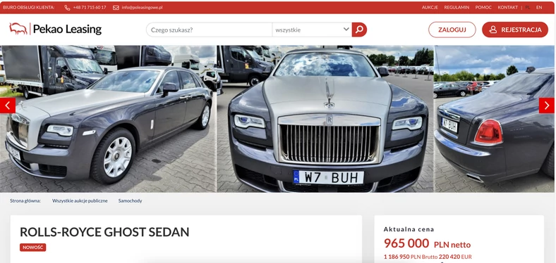Rolls-Royce Ghost na sprzedaż — screen z ogłoszenia na poleasingowe.pl