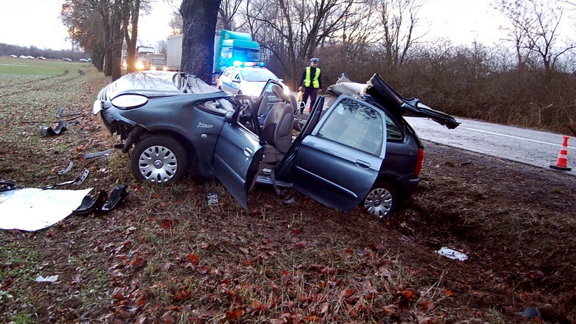 Auto zawinęło się wokół drzewa