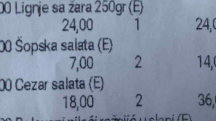 Účtenka za obed v mesta Banja Luka v Bosne a Hercegovine.